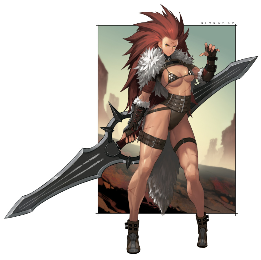 1girl ankle_boots armor artist_name belt big_hair bikini_armor boots border breasts cape cleavage commentary_request double-blade earrings fantasy fingerless_gloves full_body fur_cape gloves highleg highleg_panties highres holding holding_weapon hong_soon-jae hoop_earrings huge_weapon jewelry long_hair long_legs looking_at_viewer medium_breasts multiple_belts original outside_border panties red_hair scar shrug_(clothing) solo thick_thighs thigh_strap thighs toned underboob underwear vambraces warrior weapon white_border yellow_eyes