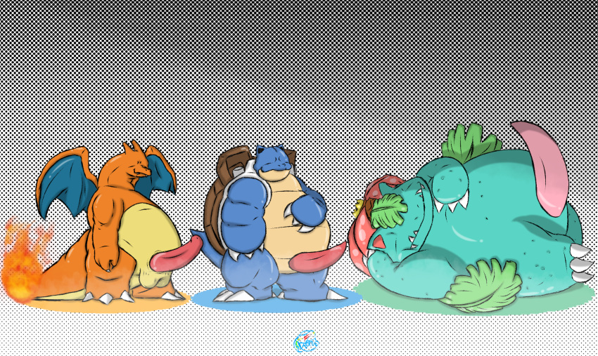 2020 anthro belly big_belly blastoise blue_body blueblu charizard chonk dragon fire genitals green_body group hand_on_stomach hi_res leaf male male/male nintendo obese overweight penis penis_size_difference pok&eacute;mon pok&eacute;mon_(species) red_body relaxing reptile scalie simple_background simple_shading size_difference sleeping slightly_chubby smile tired turtle venusaur video_games