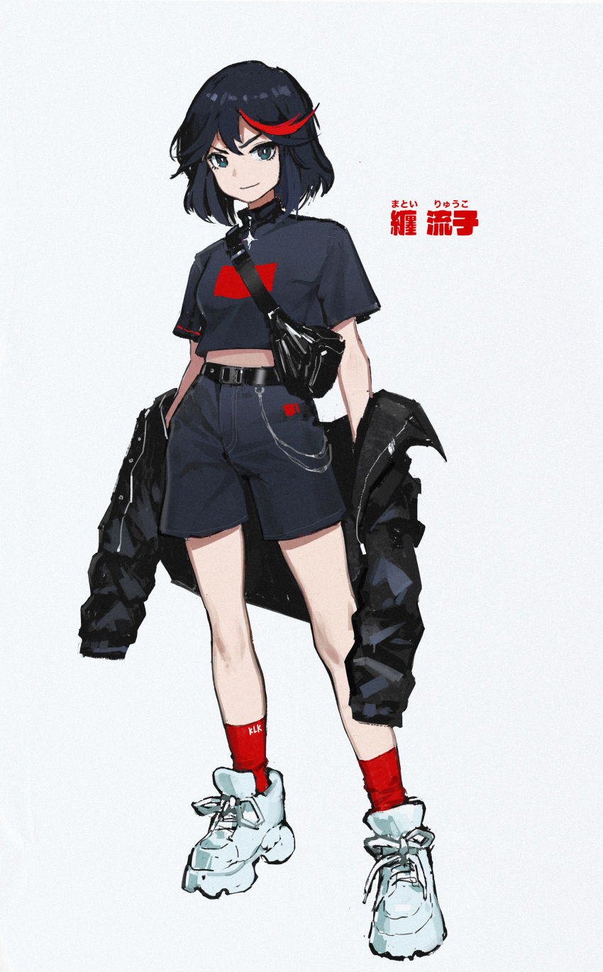 1girl absurdres alternate_costume arms_at_sides bag bangs bare_legs belt black_hair black_shirt black_shorts blue_eyes chain commentary eyelashes fanny_pack fashion full_body grey_background grin hair_between_eyes highres jacket jacket_removed kill_la_kill leather leather_jacket legs_apart looking_at_viewer matoi_ryuuko midriff multicolored_hair open_clothes open_jacket open_mouth red_hair red_legwear satchel shiny shiny_hair shirt shoes short_hair short_sleeves shorts shoulder_bag simple_background smile sneakers socks solo square standing streaked_hair two-tone_hair v-shaped_eyebrows wangxi205 white_footwear