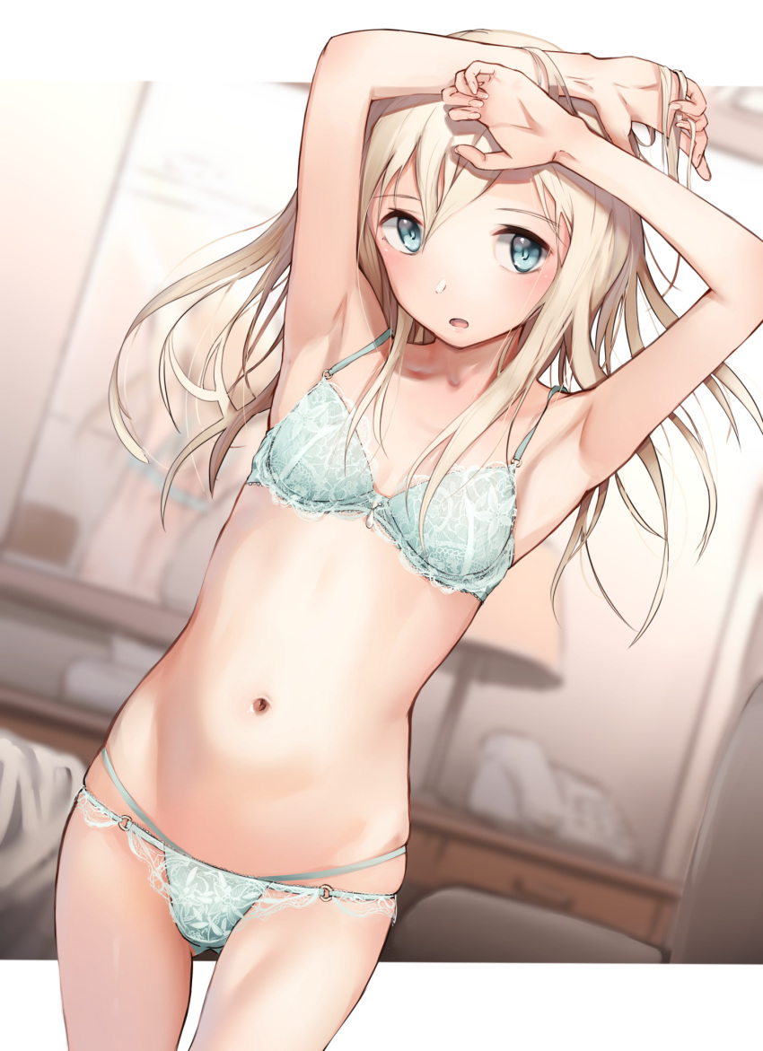 1girl aqua_panties armpits arms_up ass_visible_through_thighs bangs bare_arms bare_shoulders blonde_hair blue_eyes blush bow bra breasts collarbone commentary_request cowboy_shot eyebrows_visible_through_hair groin hair_between_eyes hands_in_hair highres indoors kabayaki_namazu kantai_collection lace lace-trimmed_bra long_hair looking_at_viewer navel o-ring open_mouth panties small_breasts solo standing stomach thighs u-511_(kantai_collection) underwear underwear_only