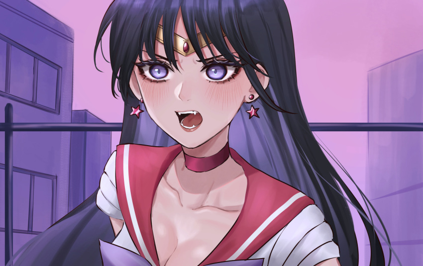 1girl bishoujo_senshi_sailor_moon black_hair breasts choker cleavage earrings fangs highres hino_rei jewelry kurisustinah long_hair open_mouth sailor_mars sailor_moon_redraw_challenge school_uniform serafuku solo teeth tiara