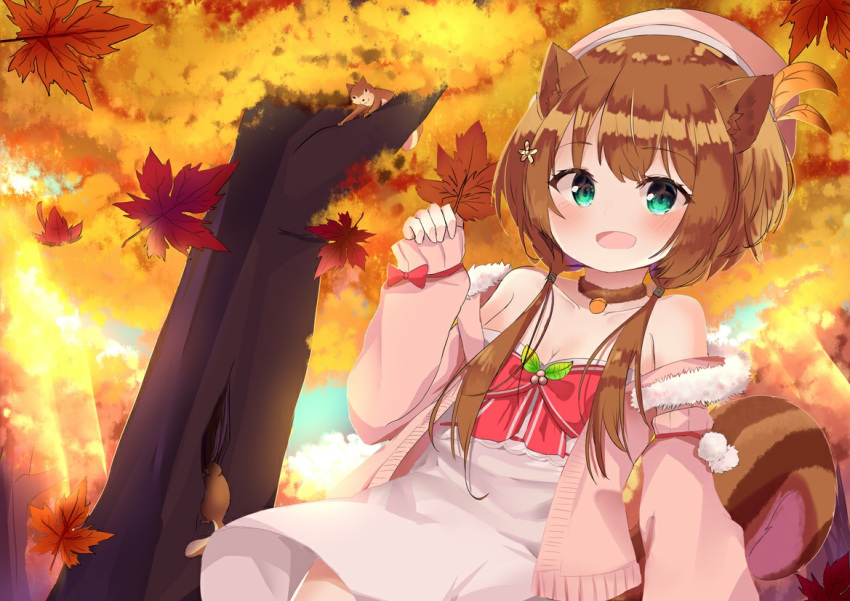 1girl autumn ayunda_risu blue_eyes blush breasts brown_hair cleavage commentary_request hat hololive hololive_indonesia jacket leaf long_hair looking_at_viewer low_twintails narucchii open_mouth solo tail tree twintails virtual_youtuber