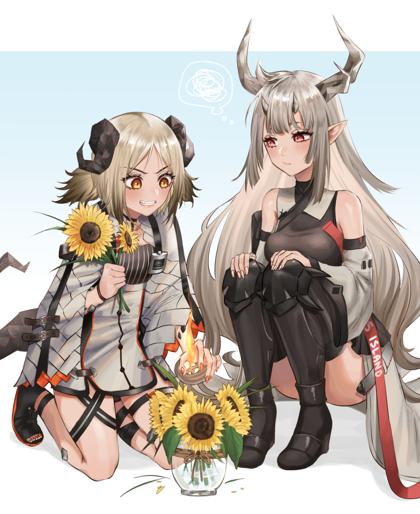 2girls arknights ass bangs bare_shoulders black_legwear blonde_hair blush breasts detached_sleeves fire flower grey_hair grin highres horns ifrit_(arknights) jacket kneehighs kurisustinah long_hair matoimaru_(arknights) multiple_girls open_toe_shoes orange_eyes orange_nails parted_bangs plant pointy_ears potted_plant red_eyes sitting smile sunflower tail thighhighs very_long_hair