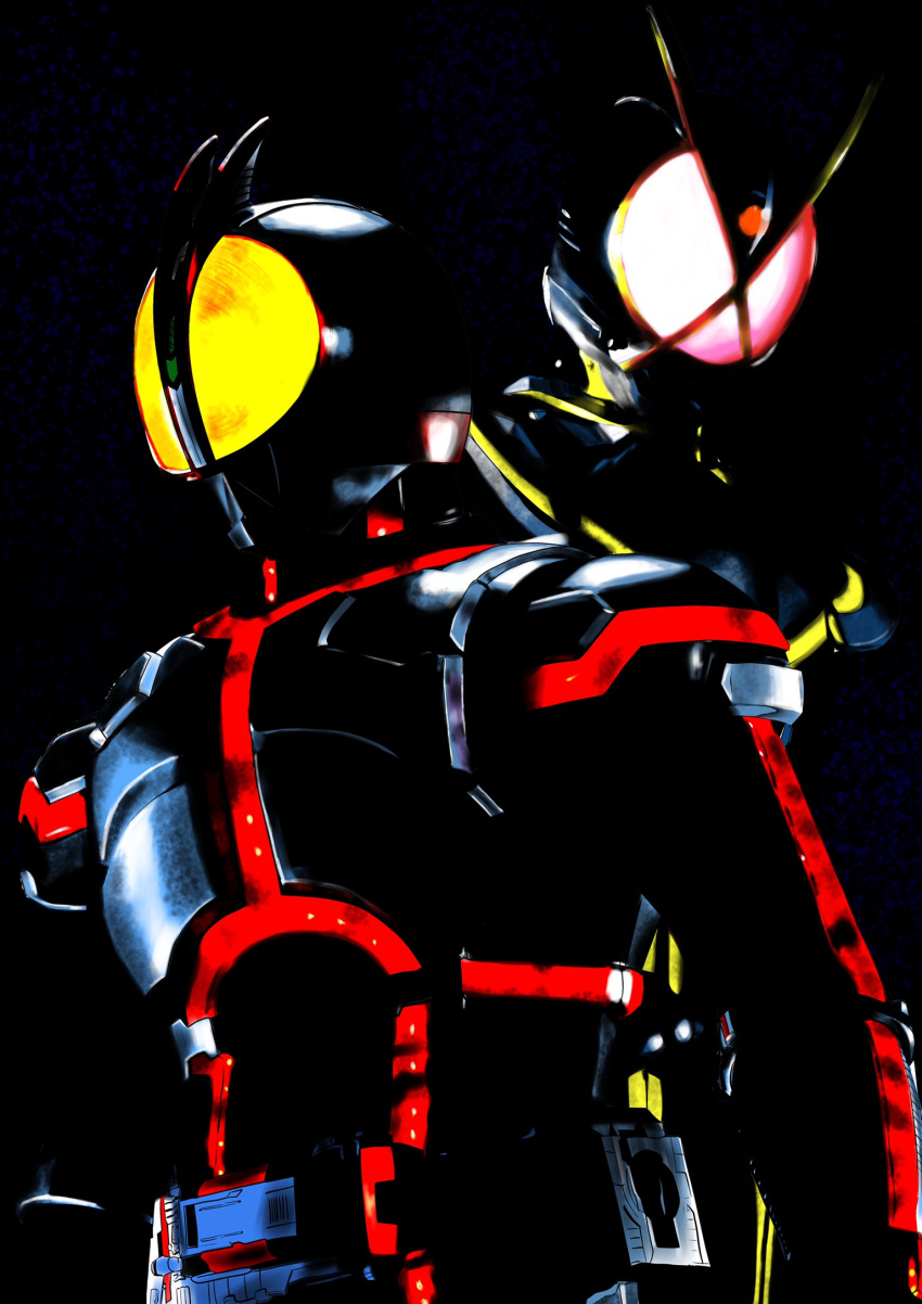 2boys 4ze_meteor antennae dark glowing glowing_eyes glowing_lines highres kamen_rider kamen_rider_555 kamen_rider_faiz kamen_rider_kaixa male_focus multiple_boys neon_trim rider_belt tokusatsu