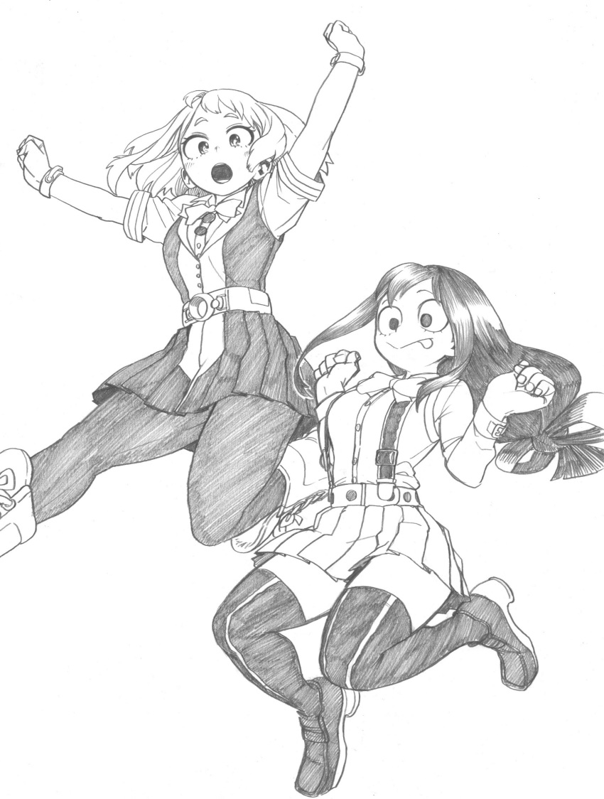 2girls :o \o/ absurdres arms_up asui_tsuyu belt belt_buckle black_legwear blush boku_no_hero_academia boots bow bowtie breasts buckle buttons closed_mouth commentary_request eyebrows_visible_through_hair full_body gloves high_heels highres horikoshi_kouhei jumping long_hair long_sleeves low-tied_long_hair medium_hair monochrome multiple_girls official_art open_mouth outstretched_arms pantyhose pleated_skirt short_sleeves simple_background skirt thighhighs tongue tongue_out traditional_media uraraka_ochako white_background