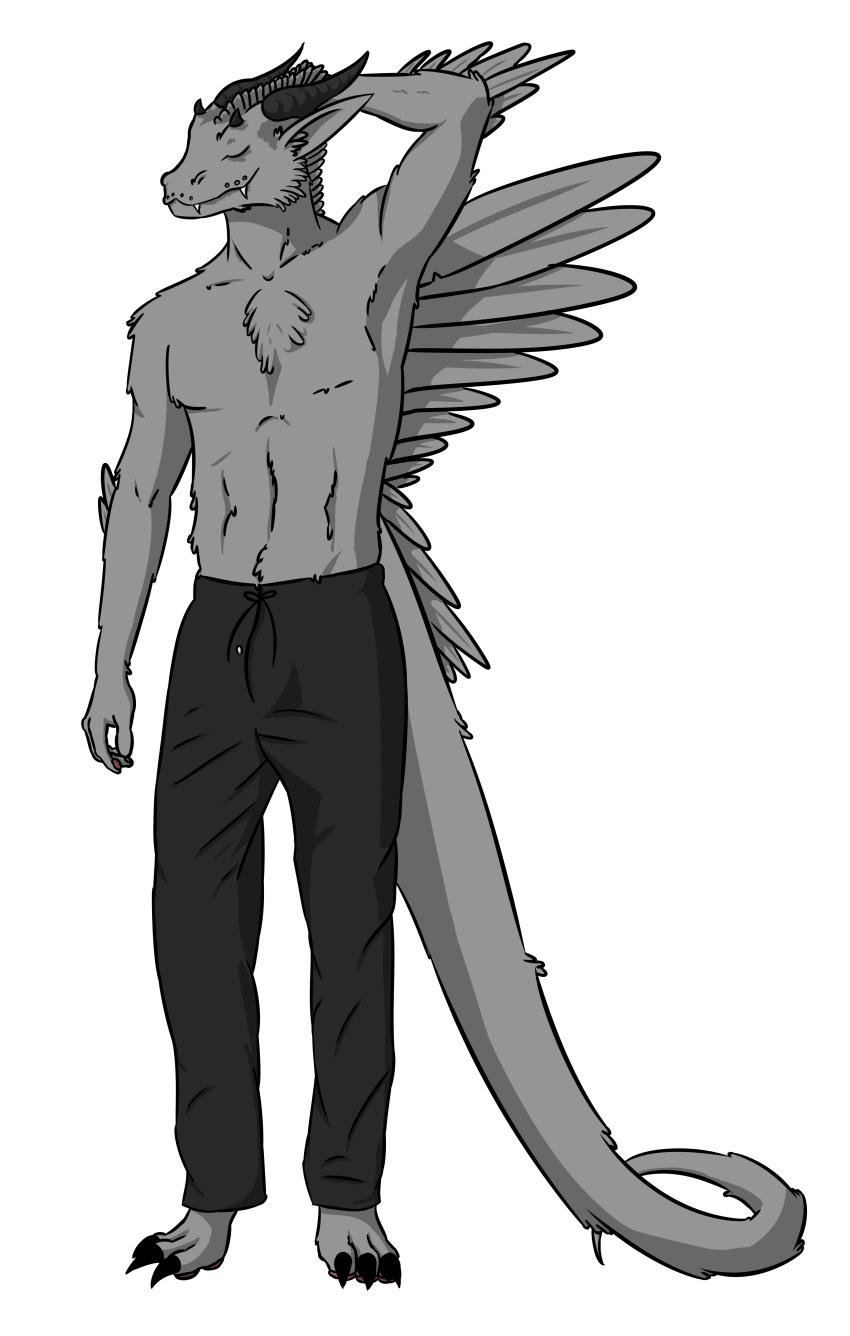 abs absurd_res anthro biceps biped bottomwear bulge chest_tuft clothed clothing crotch_tuft digital_media_(artwork) digitigrade drakanguis eyes_closed fangs feathered_crest feathers full-length_portrait grey_body grey_feathers head_crest hi_res horn male muscular muscular_male pants pawpads paws pecs pit_organ portrait smile solo solo_focus standing stretching talons teeth toes topless tuft vile_(artist) vile_(vile)