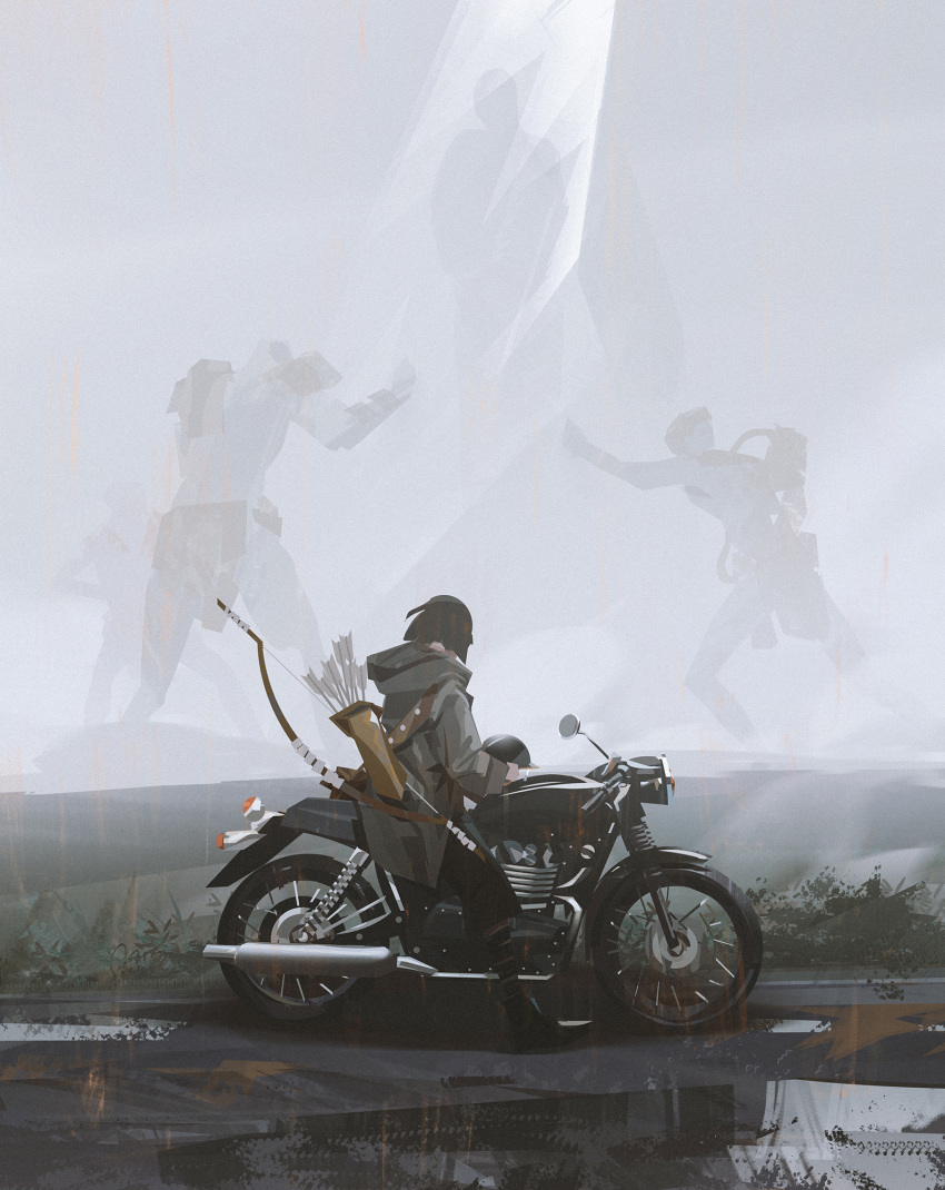 1girl arrow_(projectile) black_footwear black_shorts boots bow_(weapon) brown_coat coat from_side full_body giant grey_sky ground_vehicle highres long_sleeves motor_vehicle motorcycle on_motorcycle original outdoors shorts sitting solo weapon yun_ling