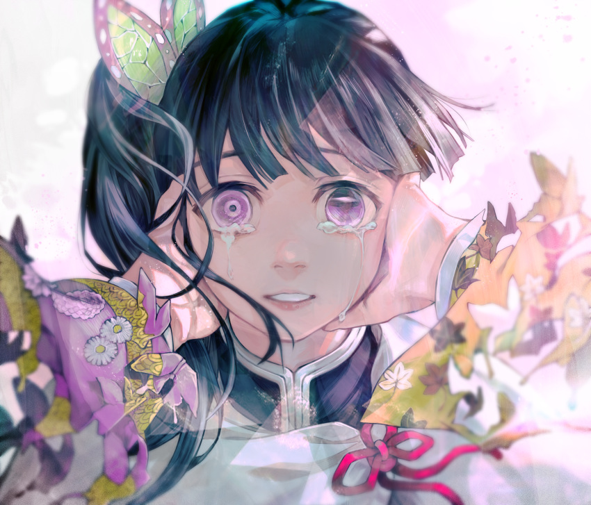 1girl absurdres asymmetrical_eyes bangs black_hair bug butterfly butterfly_hair_ornament cloak crying crying_with_eyes_open dissolving_clothes floating_hair flower hair_ornament hands_on_another's_cheeks hands_on_another's_face highres huge_filesize insect kimetsu_no_yaiba kyuuba_melo leaf_cutout long_hair long_sleeves looking_at_viewer out_of_frame parted_lips pink_background portrait pov pov_hands purple_eyes side_ponytail solo_focus streaming_tears tears tsuyuri_kanao white_cloak white_flower