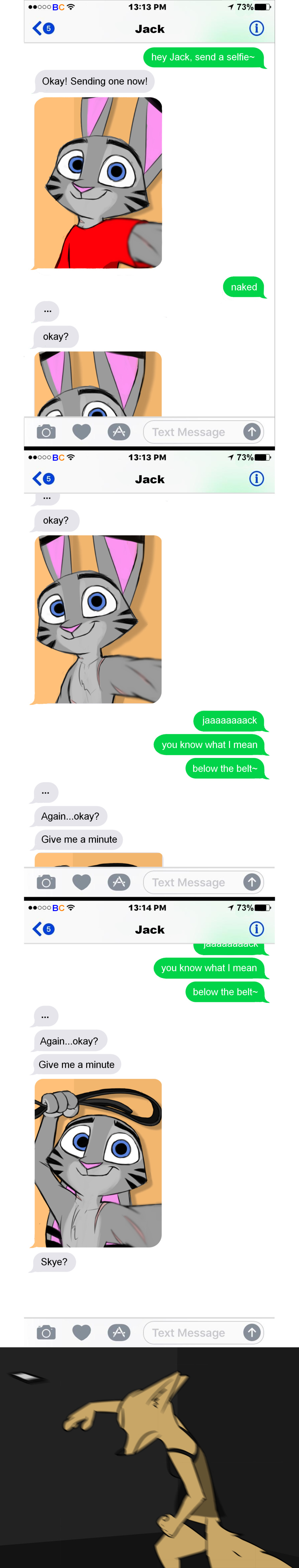 2019 absurd_res arctic_fox belt blue_eyes canid canine cellphone clothed clothing comic disney ear_markings english_text facial_markings female fox fur grey_body grey_fur head_markings hi_res jack_savage lagomorph leporid long_image male mammal markings phone pink_nose rabbit scar shirt skye_(zootopia) smile striped_body striped_fur stripes t-shirt tall_image text theblueberrycarrots throwing topwear zootopia