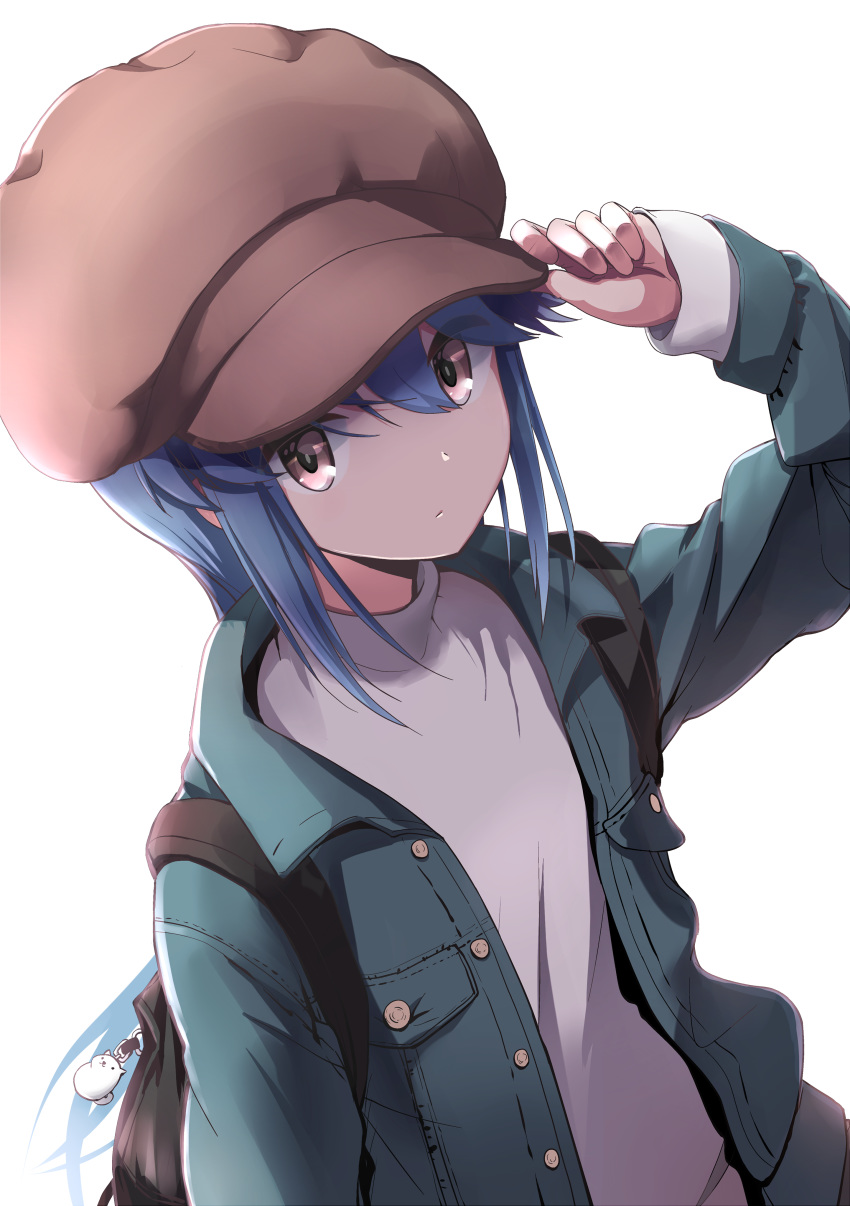 1girl absurdres adjusting_clothes adjusting_hat backpack bag bag_charm blue_hair brown_eyes cabbie_hat charm_(object) commentary denim denim_jacket dog hat highres n2midori shima_rin solo turtleneck white_background yurucamp