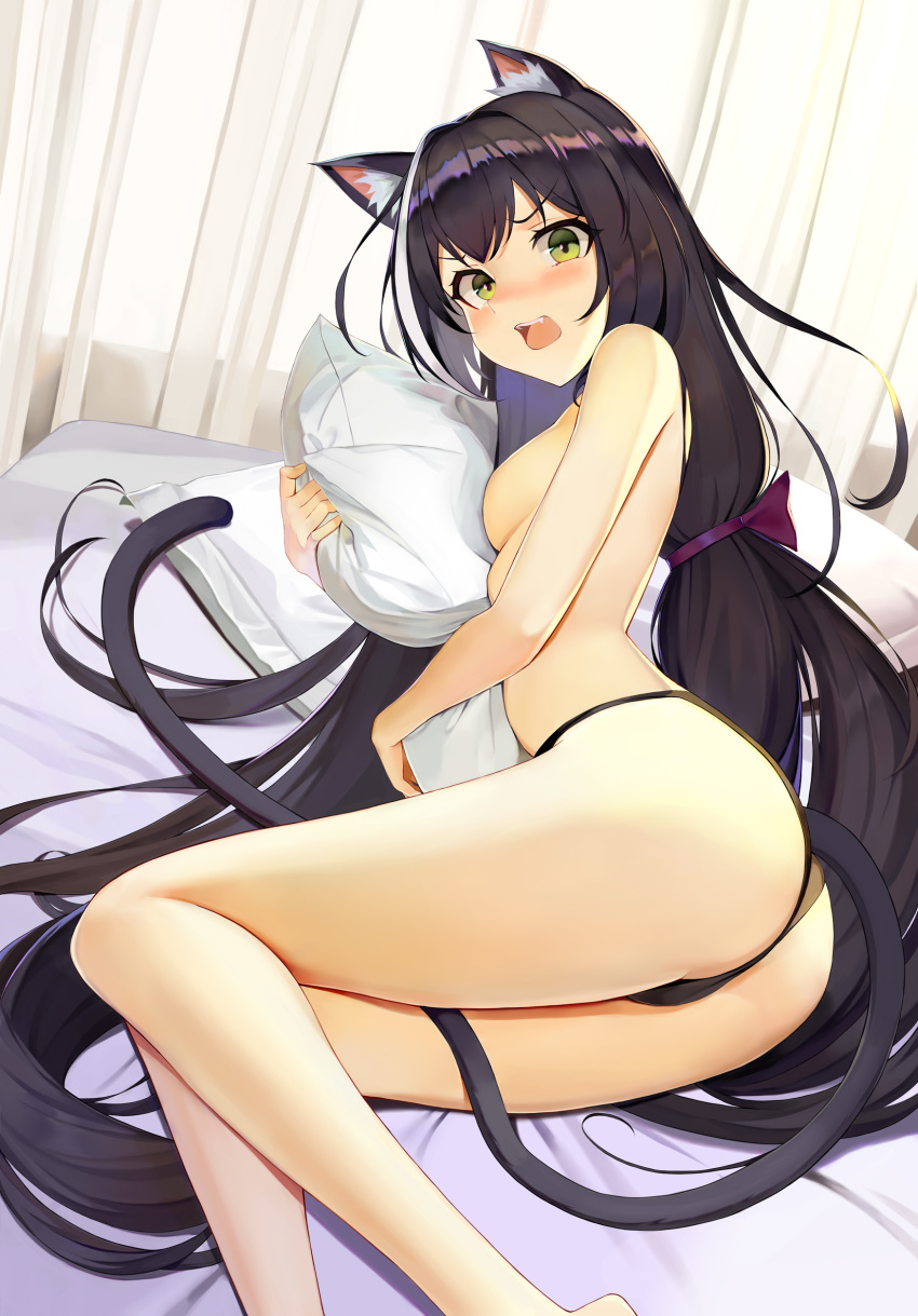 1girl absurdres animal_ear_fluff animal_ears ass black_hair black_panties blush cat_ears cat_girl cat_tail embarrassed fang green_eyes highres kamikakushi_no_ocarino karyl_(princess_connect!) long_hair looking_at_viewer multicolored_hair no_pants nose_blush open_mouth panties pillow pillow_hug princess_connect! princess_connect!_re:dive solo streaked_hair tail thighs topless underwear v-shaped_eyebrows very_long_hair