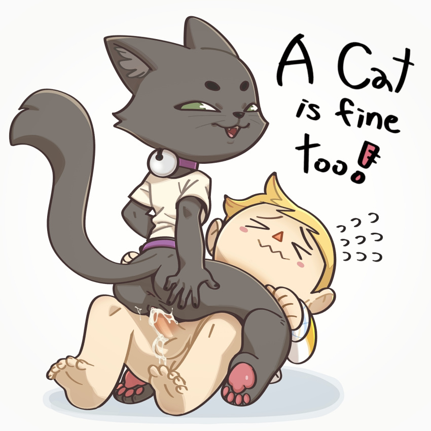 a_cat_is_fine_too animal_crossing anthro anthro_penetrated anus ashe_(starshippizza) balls bell bell_collar black_body black_fur blonde_hair bodily_fluids bottomless clothed clothing collar cowgirl_position cum cum_in_pussy cum_inside cum_on_balls cum_on_penis domestic_cat duo english_text eyes_closed feet felid feline felis female female_on_top female_penetrated fur genital_fluids genitals hair hand_on_butt hi_res human human_on_anthro human_penetrating human_penetrating_anthro human_penetrating_female humanoid_feet interspecies junyois looking_back looking_pleasured male male/female male_penetrating male_penetrating_anthro male_penetrating_female mammal nintendo on_top pawpads penetration penile penile_penetration penis pussy sex shirt soles t-shirt text topwear vaginal vaginal_penetration video_games villager_(animal_crossing)