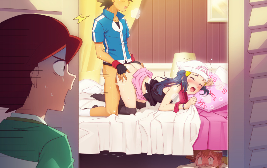 2boys 2girls bare_shoulders beanie bed black_legwear blush bracelet closed_eyes clothed_sex covering_mouth doggystyle english_commentary full-face_blush gazing_eye happy_sex hat hetero highres hikari_(pokemon) indoors jewelry kasumi_(pokemon) lamp looking_at_another multiple_boys multiple_girls nose_blush on_bed open_mouth peeping pink_skirt pokemon saliva satoshi_(pokemon) sex skirt skirt_up sweat thighhighs turn_pale voyeurism yes-no_pillow