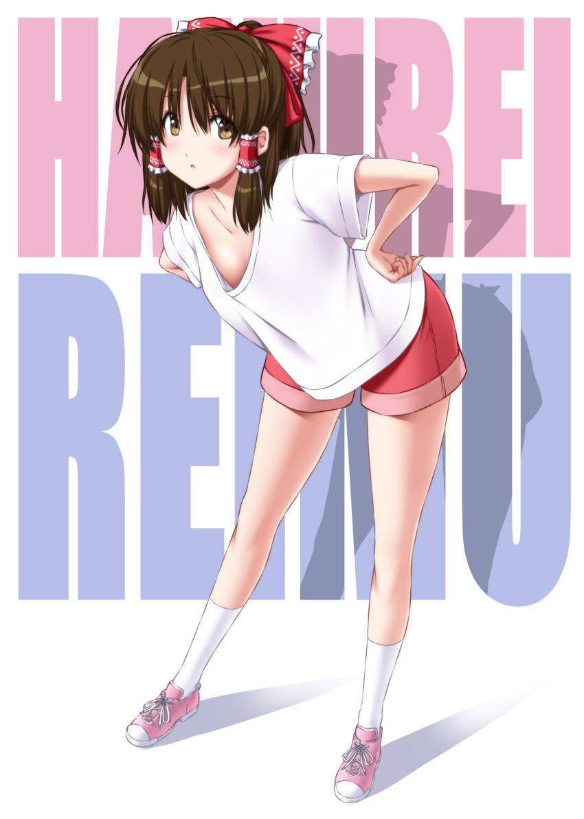 1girl bangs bare_legs black_hair blush bow brown_eyes character_name commentary_request drop_shadow eyebrows_visible_through_hair flower frilled_bow frills full_body hair_between_eyes hair_bow hair_tubes hakurei_reimu hand_on_hip highres leaning_forward looking_at_viewer nori_tamago parted_lips pink_flower red_bow red_shorts shirt shoes short_hair short_sleeves shorts sidelocks sneakers socks solo standing thighs touhou white_background white_legwear white_shirt