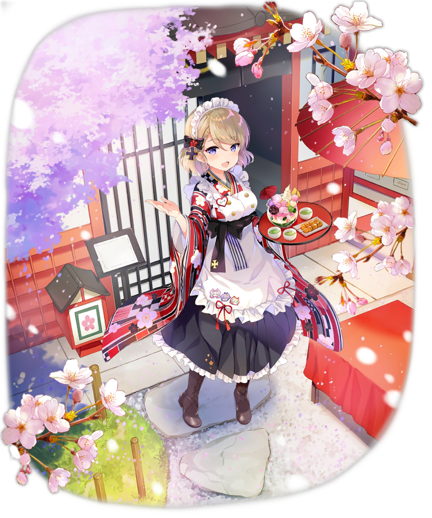 1girl :d apron azur_lane blonde_hair blurry boots breasts cherry_blossoms flower food frilled_apron frills full_body highres holding japanese_clothes kimono long_sleeves looking_at_viewer maid maid_apron maid_headdress medium_breasts official_art open_mouth oriental_umbrella pavement pink_flower pitcher purple_eyes sakura_koharu short_hair smile solo standing table transparent_background tray umbrella wa_maid wide_sleeves z23_(azur_lane)