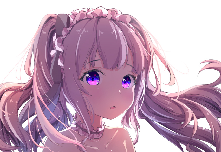 1girl bangs bare_shoulders blush choker close-up collarbone commentary_request eyebrows_visible_through_hair face floating_hair hikotou_(sao73cat) idolmaster idolmaster_shiny_colors long_hair looking_at_viewer parted_lips purple_eyes purple_hair simple_background solo star star_in_eye symbol_in_eye twintails white_background yuukoku_kiriko