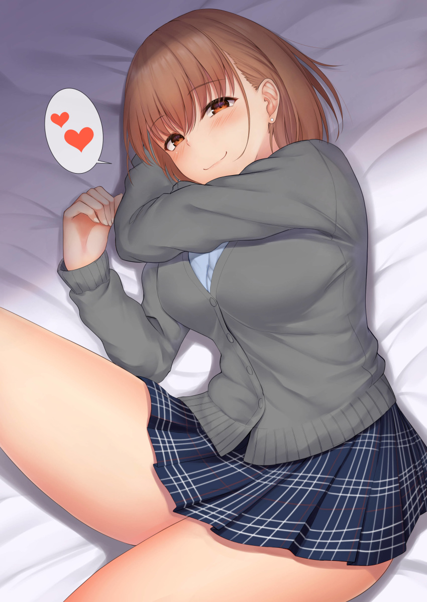 1girl absurdres airi_(satosi) bangs blue_skirt blush breasts brown_hair closed_mouth earrings grey_jacket heart highres jacket jewelry large_breasts long_sleeves looking_at_viewer lying on_side orange_eyes original satosi short_hair skirt smile spoken_heart stud_earrings swept_bangs thighs