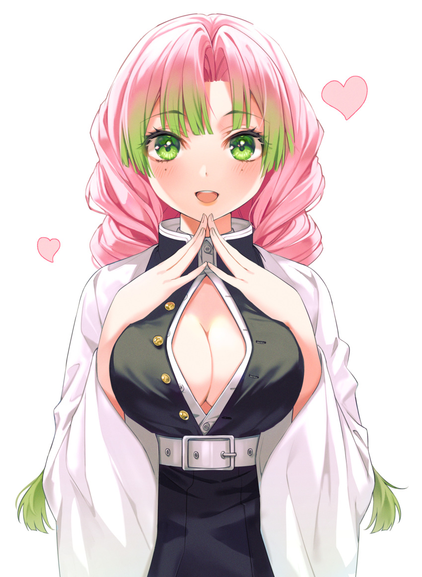 1girl absurdres bangs belt black_jacket blunt_bangs blush braid breasts cleavage eyebrows_visible_through_hair eyelashes gradient gradient_background green_eyes green_hair hands_up haori heart highres jacket japanese_clothes kanroji_mitsuri kimetsu_no_yaiba large_breasts long_hair long_sleeves looking_at_viewer minori_(faddy) mole mole_under_eye no_bra open_clothes open_jacket open_mouth open_shirt parted_bangs pink_hair shirt simple_background smile solo tongue twin_braids upper_teeth white_background white_belt white_shirt wide_sleeves