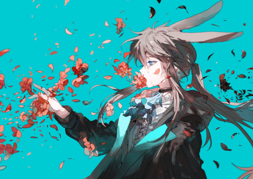 1girl amiya_(arknights) animal_ears arknights arm_up bangs black_jacket blue_background blue_eyes blue_neckwear brown_hair bunny_ears commentary_request crying floating_hair flower flower_in_mouth from_side hair_between_eyes highres jacket jewelry long_hair long_sleeves looking_down min_(120716) neckwear open_clothes open_jacket petals red_flower ring sidelocks simple_background solo tears thumb_ring upper_body