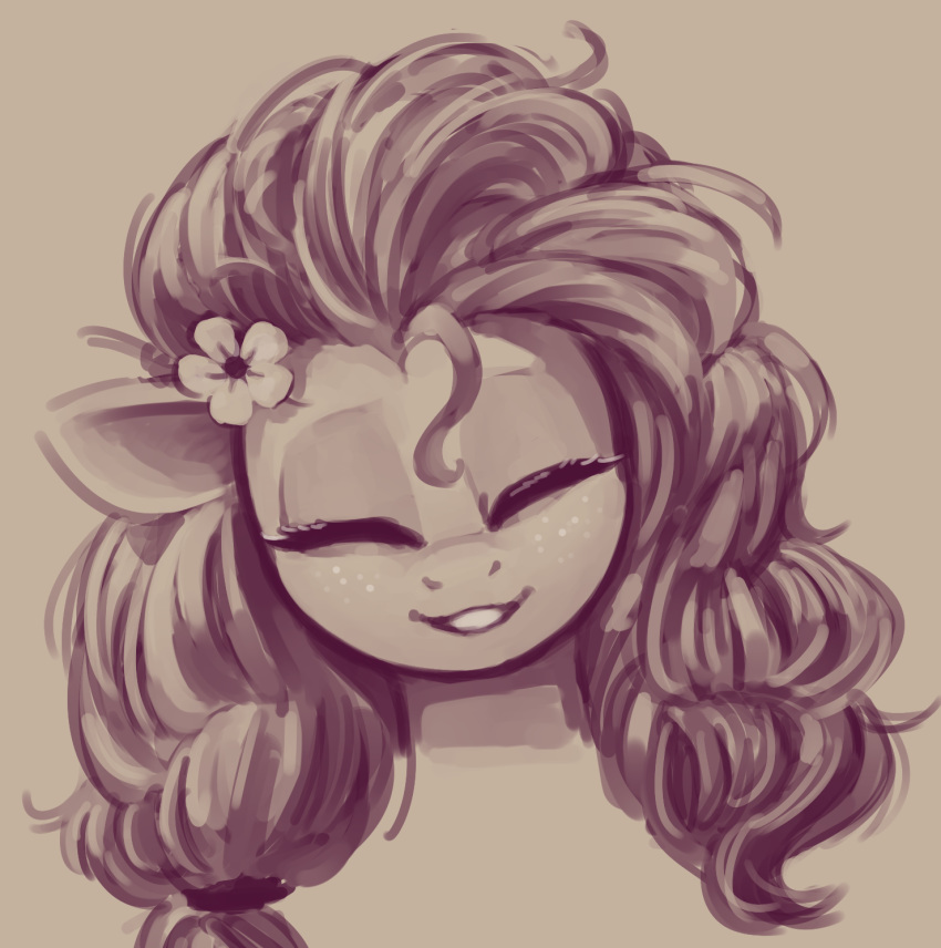 2020 accessory digital_media_(artwork) equid equine eyelashes eyes_closed female flower flower_in_hair friendship_is_magic hair hair_accessory headshot_portrait hi_res horse long_hair mammal monochrome my_little_pony napalm_express pear_butter_(mlp) plant pony portrait smile solo