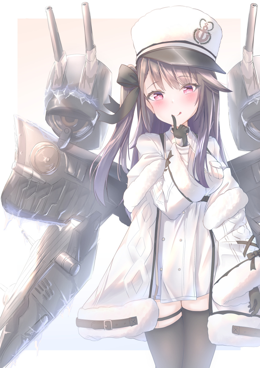1girl absurdres anchor_print arm_up azur_lane bangs black_bow black_gloves black_hair black_legwear blush bow breasts cleavage coat coat_dress eyebrows_visible_through_hair fur-trimmed_coat fur_trim gloves gradient gradient_background hair_between_eyes hat highres large_breasts long_hair long_sleeves looking_at_viewer machinery nissi open_mouth padded_coat pamiat_merkuria_(azur_lane) purple_eyes red_eyes russian_clothes shirt side_ponytail smile solo thighhighs tongue tongue_out turret underboob white_coat white_headwear