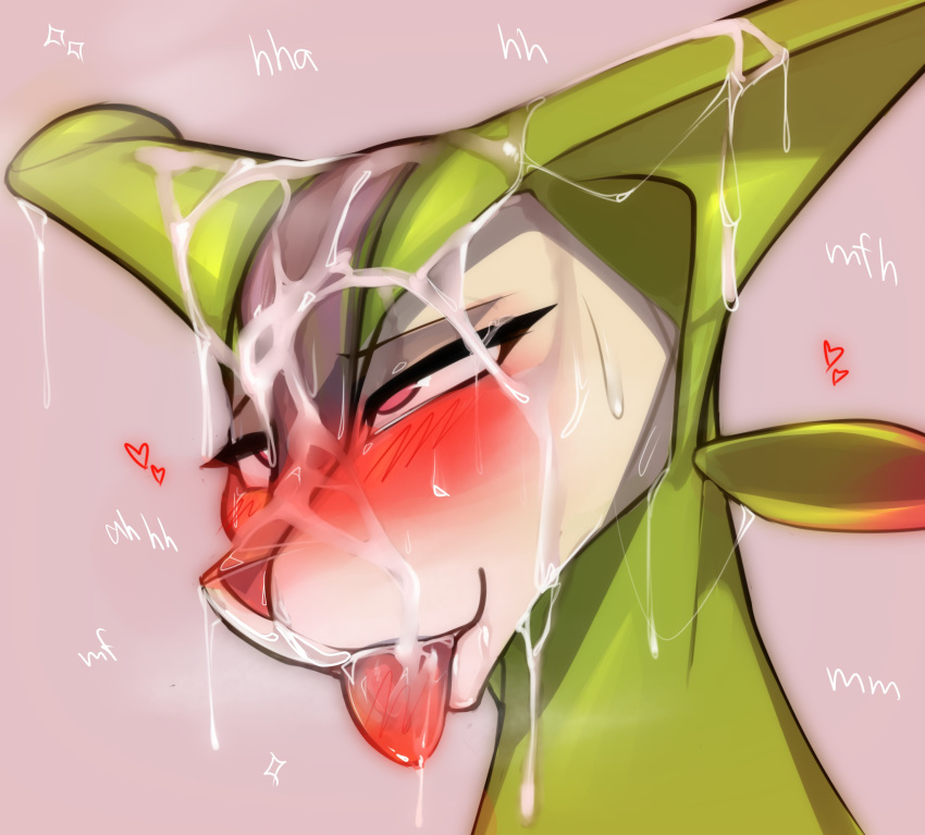 &lt;3 absurd_res ahegao ambiguous_gender blush bodily_fluids cum cum_drip cum_in_mouth cum_inside cum_on_face cum_on_head dripping feral genital_fluids half-closed_eyes headshot_portrait hi_res legendary_pok&eacute;mon looking_pleasured mammal messy narrowed_eyes nintendo pink_background pok&eacute;mon pok&eacute;mon_(species) portrait prsmrti red_eyes shaded simple_background solo tongue tongue_out video_games virizion