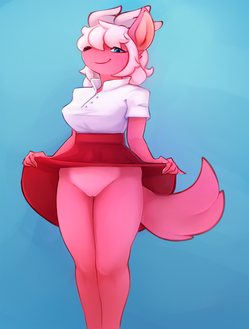 anthro barely_visible_genitalia barely_visible_pussy black_nose blue_eyes bottomless bottomwear breasts clothed clothing clothing_lift derpyrider female fur genitals hair hi_res marshmallow_fluff_(character) no_underwear pink_body pink_fur pink_hair pussy skirt skirt_lift solo