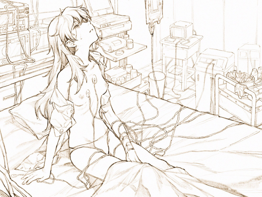 1girl bangs bed blanket bow breasts catheter closed_eyes collarbone dropper hair_bow highres hospital hospital_bed indoors long_hair monochrome neon_genesis_evangelion nipples nude off_shoulder panties parted_lips pillow qdxs2 room sitting solo souryuu_asuka_langley sweat underwear