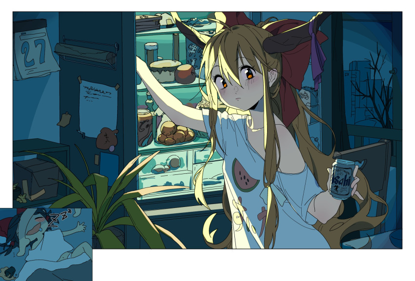 asahi_breweries calendar_(object) guozimiao hakurei_reimu highres ibuki_suika loose_clothes loose_shirt messy_hair night plant potted_plant refrigerator refrigerator_interior shirt sleeping sleeping_on_person spill touhou