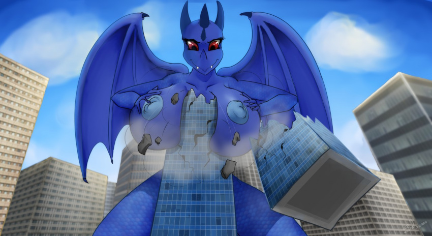 anthro between_breasts big_breasts blue_body blue_scales breast_crush breast_grab breasts building city destruction dragon female hand_on_breast horn macro nipples nude outside scales shamziwhite skyscraper solo spread_wings wings