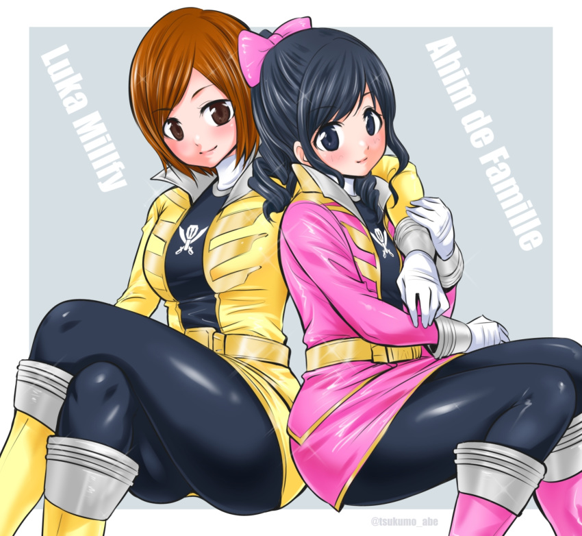 2girls abe_tsukumo black_hair bodysuit breasts brown_eyes brown_hair character_request closed_mouth gloves gokai_yellow highres kaizoku_sentai_gokaiger large_breasts long_hair looking_at_viewer luka_millfy multiple_girls pantyhose shiny shiny_clothes short_hair smile super_sentai tokusatsu