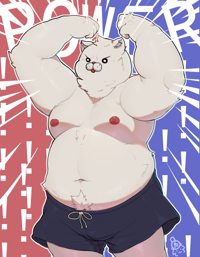 ! 2020 absurd_res anthro belly bottomwear clothing hi_res kemono male mammal moobs navel nipples overweight overweight_male piero03432812 shorts solo text