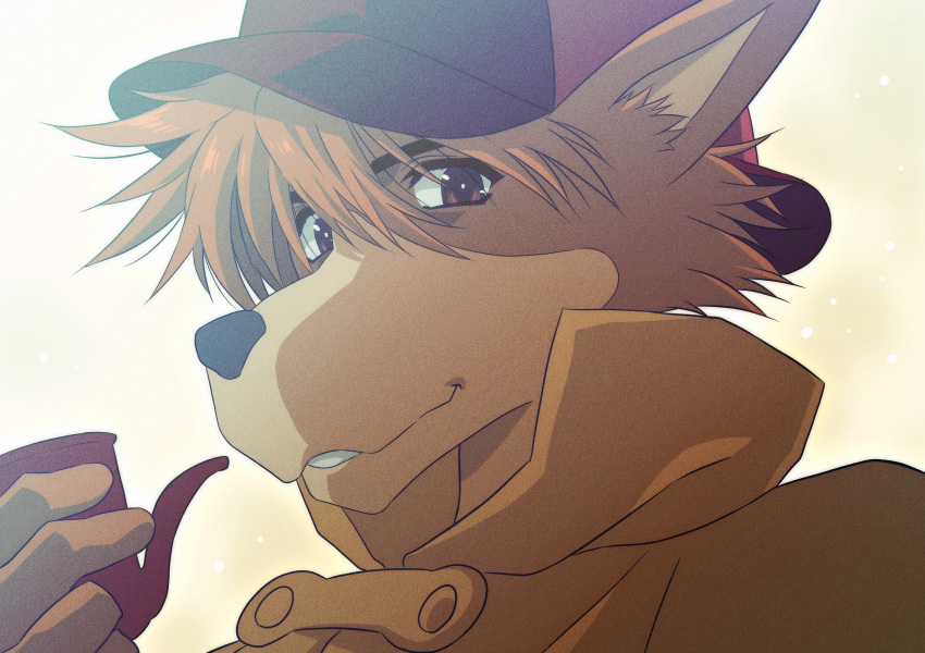 brown_body brown_fur canid canine canis clothed clothing coat domestic_dog fur hair hat headgear headwear hi_res holding_object looking_at_viewer male mammal sherlock_hound sherlock_hound_(series) simple_background smile solo tan_body tan_fur tobacco_pipe topwear