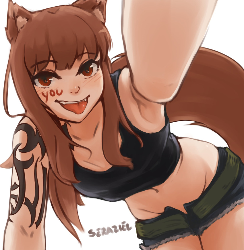 1girl :p animal_ears armpits black_lagoon black_tank_top breasts brown_hair cosplay groin_tendon highres holo leaning_forward navel parody red_eyes revy_(black_lagoon) revy_(black_lagoon)_(cosplay) seraziel short_shorts shorts small_breasts solo spice_and_wolf tail tank_top tattoo tongue tongue_out white_background wolf_ears wolf_tail