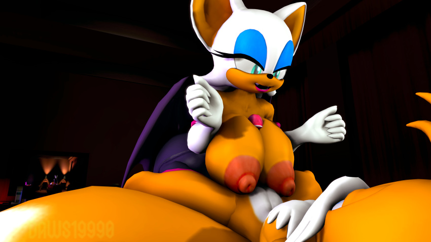 3d_(artwork) 4k absurd_res anthro armwear big_breasts breasts canid canine chiropteran clothed clothed/nude clothed_female_nude_male clothing daws19 digital_media_(artwork) duo elbow_gloves female fox gloves handwear hi_res lying male male/female mammal miles_prower nipples nude on_back rouge_the_bat sex sonic_the_hedgehog_(series) titfuck wings