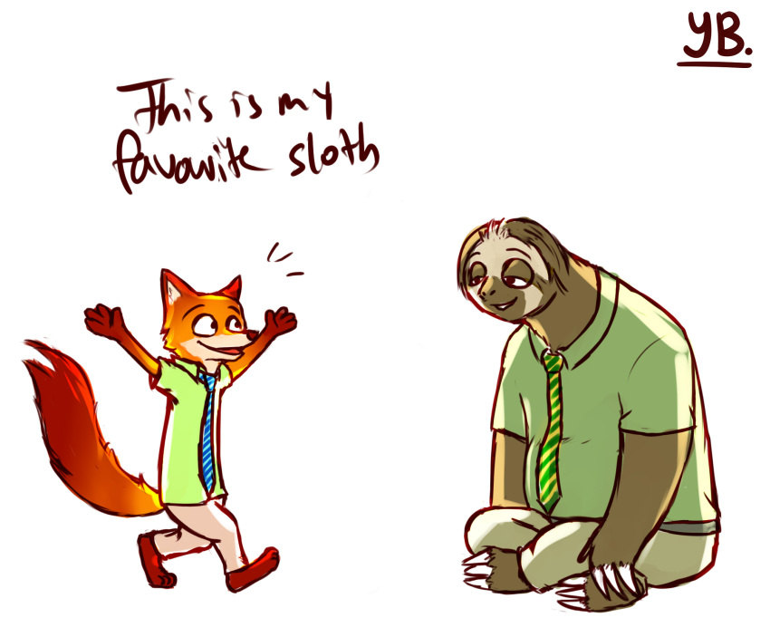 2017 anthro bottomwear brown_body brown_fur canid canine clothed clothing comic disney english_text flash_slothmore fox fully_clothed fur hi_res mammal necktie nick_wilde orange_body orange_fur pants pilosan red_fox shirt simple_background sitting sloth text topwear white_background xenarthran yibsy zootopia