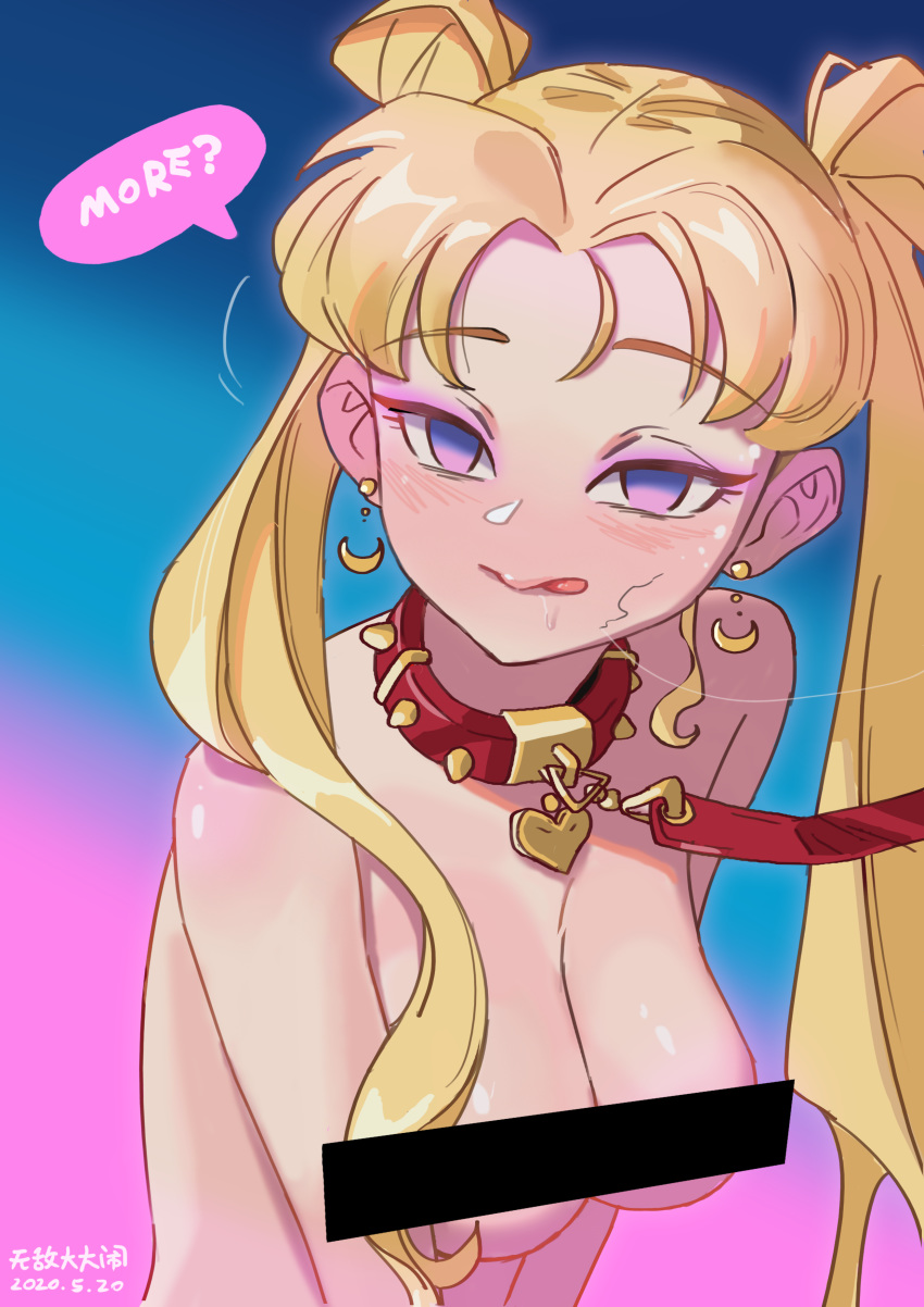 1girl :q absurdres bangs bar_censor bishoujo_senshi_sailor_moon blonde_hair blush breasts censored collar crescent crescent_earrings dated double_bun earrings empty_eyes eyebrows_visible_through_hair heart_collar highres jewelry leash medium_breasts nose_blush nude parted_bangs purple_eyeshadow red_collar sailor_moon sailor_moon_redraw_challenge saliva solo speech_bubble spiked_collar spikes stray_pubic_hair tongue tongue_out tsukino_usagi twintails upper_body wudidadanao