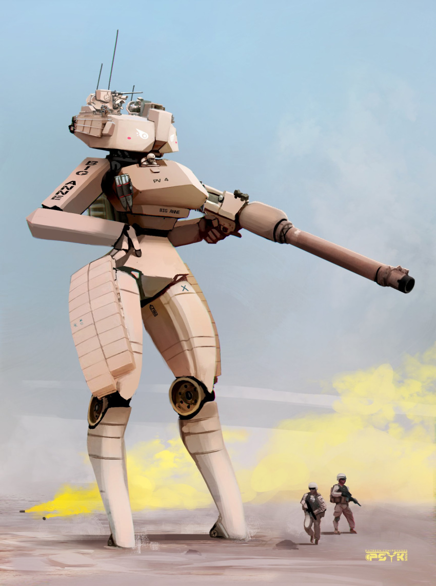 armor cannon clothing flare_(object) full-length_portrait gun hand_on_hip headgear helmet hi_res holding_object holding_weapon human humanoid m1_abrams machine mammal mecha military_uniform outside portrait psyk323 ranged_weapon rifle shadow shell_(projectile) size_difference standing tank uniform vehicle weapon