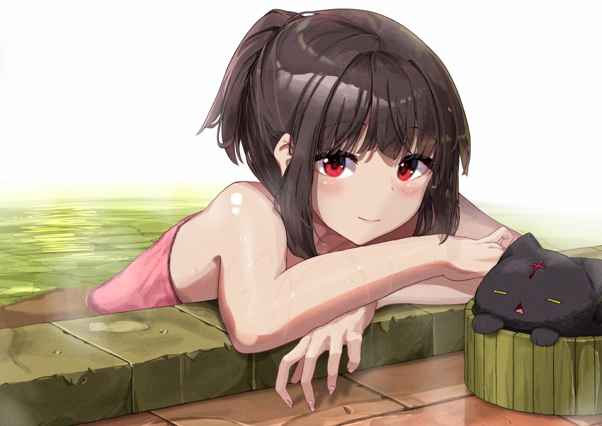 1girl bangs bare_shoulders black_cat blunt_bangs blush brown_hair cat chin_rest chomusuke commentary crossed_arms in_water kono_subarashii_sekai_ni_shukufuku_wo! leaning_forward light_smile looking_at_viewer megumin nail_polish naked_towel namakura_noelle onsen pink_towel raised_eyebrows red_eyes short_hair short_ponytail sidelocks sleeping solo towel washpan water wet white_background