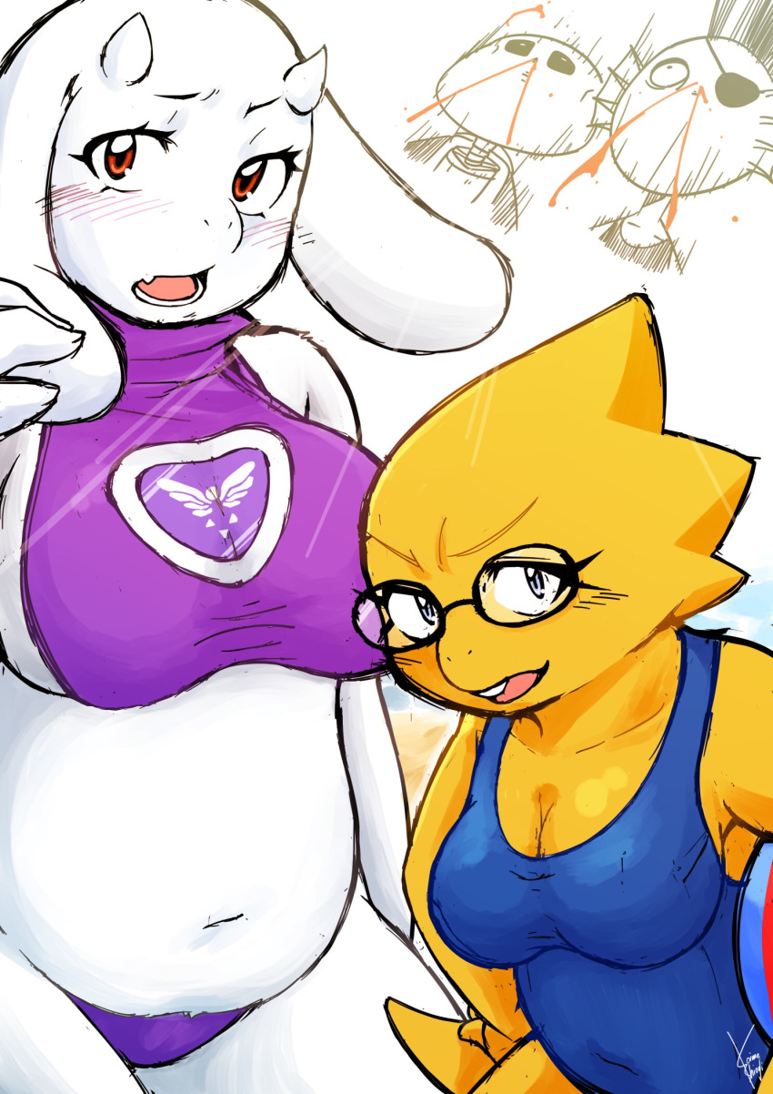 2018 alphys animal_humanoid animated_skeleton anthro ball beach_ball belly big_breasts blood blue_eyes blush bodily_fluids bone boss_monster bovid breast_size_difference breasts buckteeth caprine chubby_female cleavage clothed clothing delta_rune_(emblem) duo_focus eyewear female female_focus fish fish_humanoid fur glasses goat group hand_on_hip hi_res horn humanoid koime_shioaji mammal marine marine_humanoid midriff navel navel_outline non-mammal_breasts nosebleed one-piece_swimsuit open_mouth red_eyes reptile sans_(undertale) scales scalie side_boob skeleton slightly_chubby swimwear symbol teeth thick_tail thick_thighs toriel undead undertale undyne video_games white_body white_fur yellow_body yellow_scales