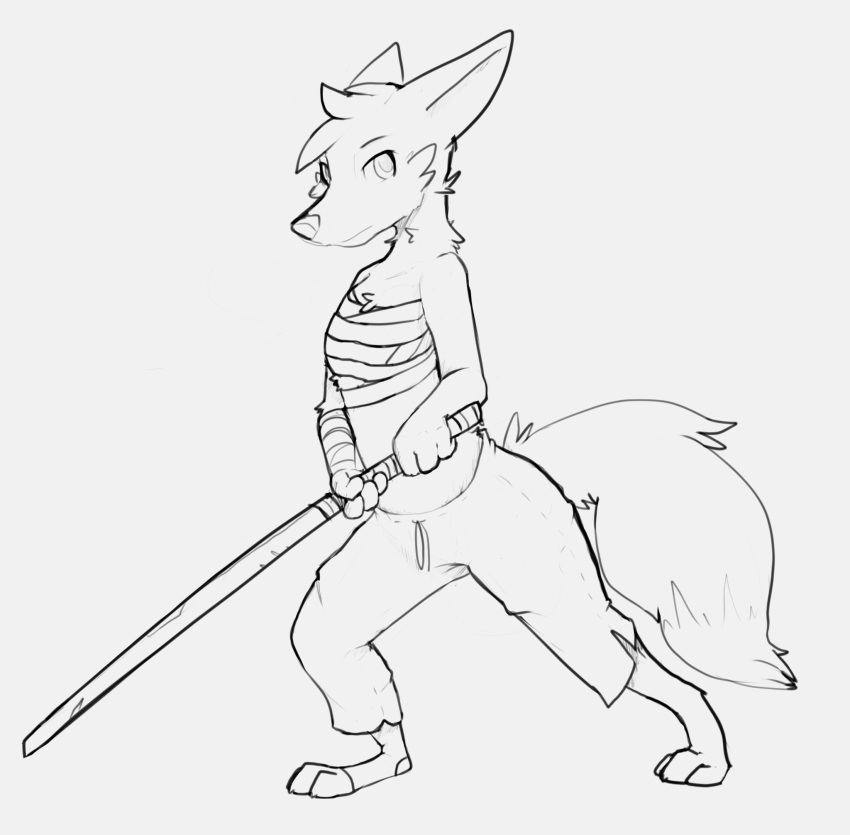 2020 anthro barefoot bottomwear canid canine cheek_tuft chest_wraps clothing facial_tuft female fox fur head_tuft hi_res holding_object holding_sword holding_weapon mammal melee_weapon monochrome pants simple_background solo sword tuft weapon white_background wraps zhan