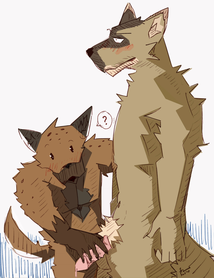 ? absurd_res anthro anthro_on_anthro beastars brown_body brown_fur canid canine canis coyote duo durham_(beastars) fur genitals handjob hi_res hyaenid male male/male mammal miguno_(beastars) nude penile penis penis_grab rin_i9 sex spotted_hyena