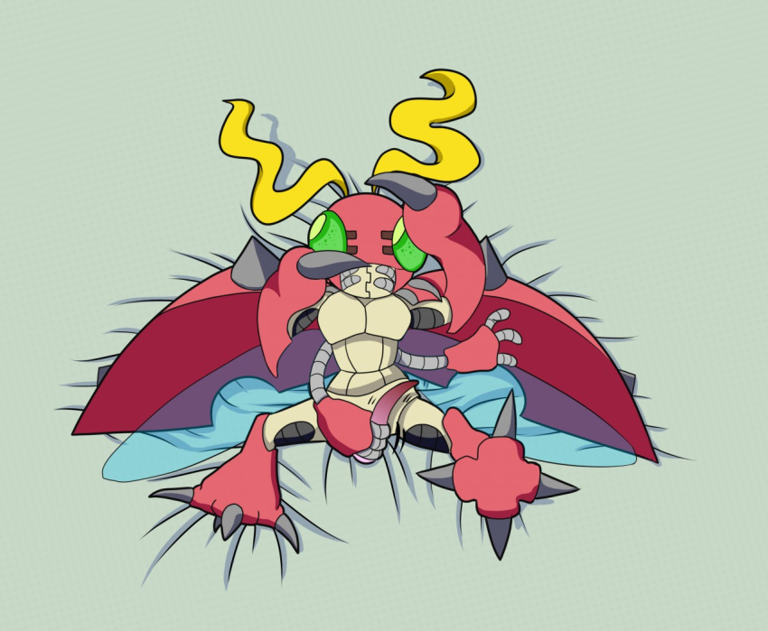 animal_genitalia animal_penis arthropod dakimakura_design digimon digimon_(species) genitals green_eyes grey_markings insect lying male markings p.v.su penis penis_grab red_body shy tentomon wings