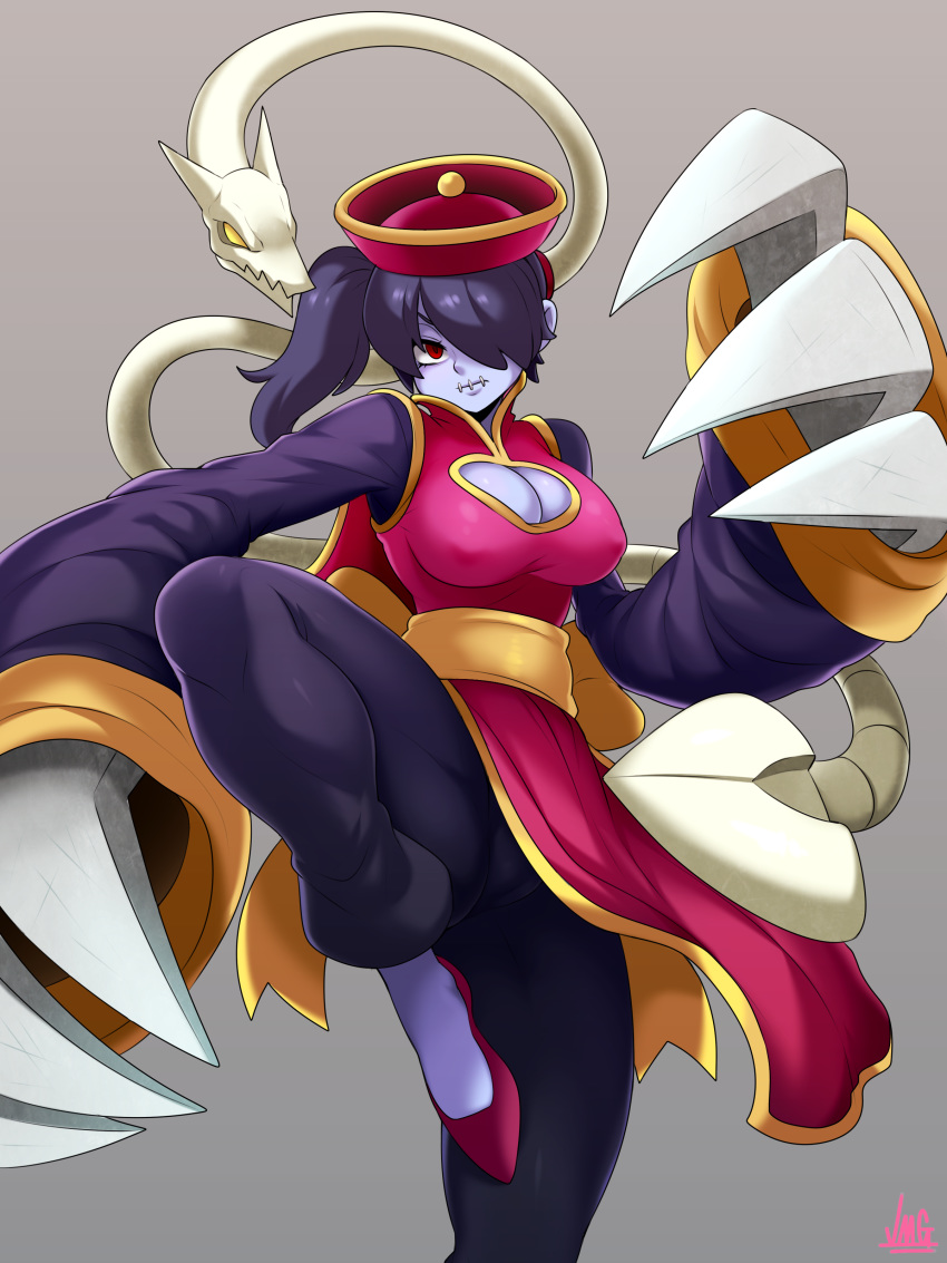 1girl absurdres black_hair blue_skin breasts cameltoe chinese_clothes claws cleavage cleavage_cutout commentary cosplay covered_nipples english_commentary fighting_stance flats grey_skin hair_over_one_eye highres jmg lei_lei lei_lei_(cosplay) leviathan_(skullgirls) medium_breasts medium_hair pants pointy_shoes red_eyes shoes side_ponytail skullgirls solo squigly_(skullgirls) standing standing_on_one_leg stitched_mouth stitches trait_connection undead vampire_(game) wide_sleeves zombie
