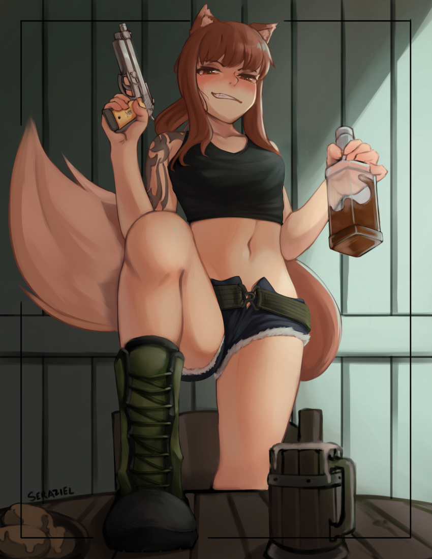 1girl alcohol animal_ears artist_name black_lagoon boots bottle cosplay denim denim_shorts english_commentary gun handgun highres holding holding_bottle holding_gun holding_weapon holo looking_at_viewer navel pistol ponytail pov revy_(black_lagoon) revy_(black_lagoon)_(cosplay) seraziel short_shorts shorts smirk solo tail weapon wolf_ears wolf_girl wolf_tail