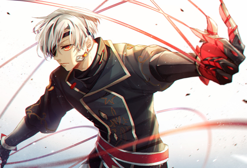 1boy croix_dia_doll earrings eyepatch gloves highres holding jewelry long_sleeves male_focus pixiv_fantasia pixiv_fantasia_age_of_starlight red_eyes red_string silver_hair simple_background standing string yorukage