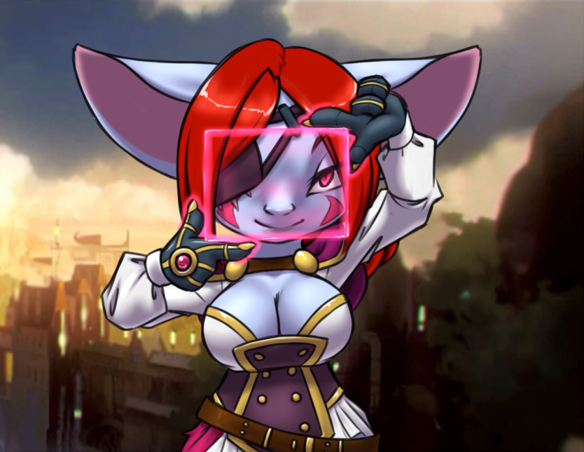 2020 big_breasts blurred_background breasts cleavage clothed clothing eye_patch eyewear female front_view furball hair humanoid league_of_legends looking_at_viewer portrait red_eyes red_hair riot_games science_fiction smile solo three-quarter_portrait video_games wyla_(furball) yordle