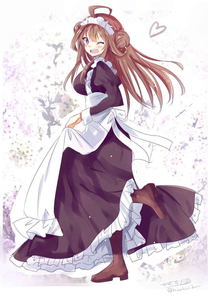 1girl apron blush boots breasts brown_footwear brown_hair cherry_blossoms double_bun dress eyebrows_visible_through_hair frills full_body gradient gradient_background hairband heart highres hizaka kantai_collection kongou_(kantai_collection) large_breasts long_dress long_hair long_sleeves looking_at_viewer maid maid_apron maid_dress maid_headdress open_mouth purple_eyes smile solo thigh_boots thighhighs twitter_username victorian_maid