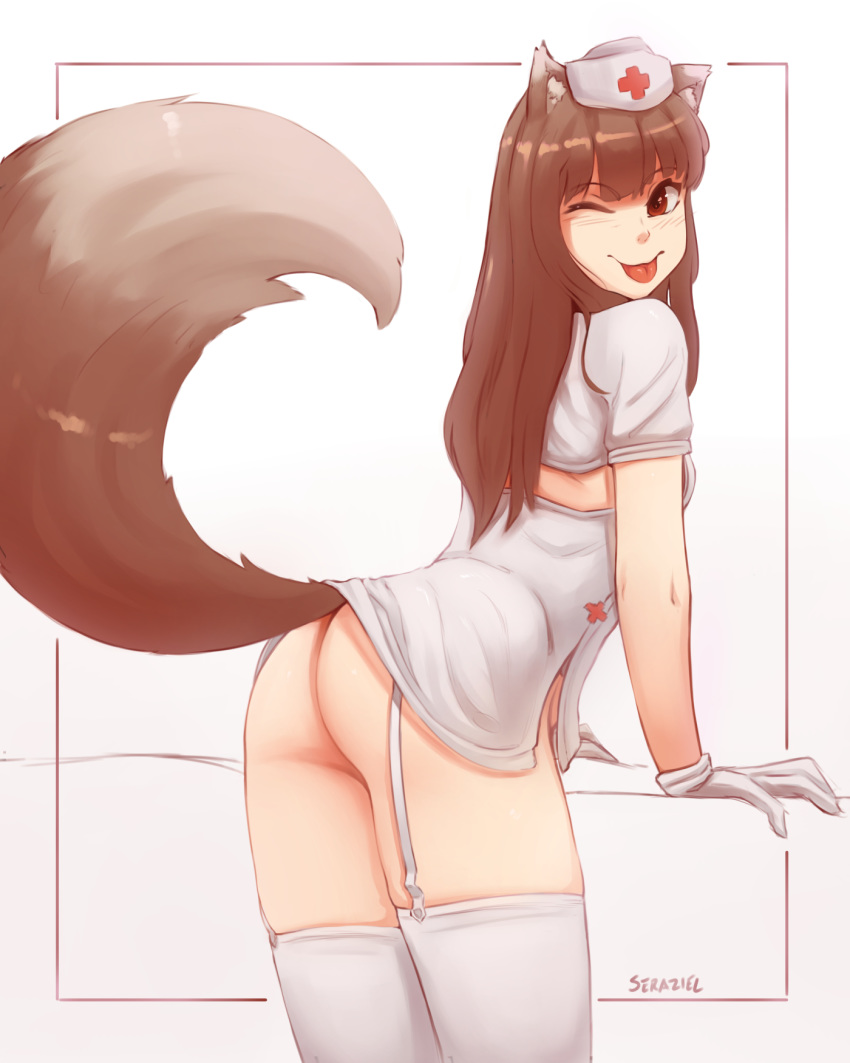 1girl :p alternate_costume animal_ears artist_name ass bottomless commentary english_commentary eyebrows_visible_through_hair garter_straps gloves hat highres holo looking_at_viewer no_panties nurse nurse_cap one_eye_closed red_eyes seraziel short_sleeves solo spice_and_wolf tail thighhighs tongue tongue_out white_gloves white_legwear wolf_ears wolf_girl wolf_tail