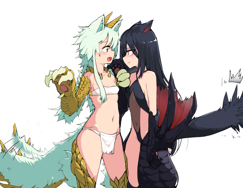 2girls absurdres animal_ears black_hair blush breasts claws commentary_request covered_navel dragon_girl highres horns house88812317 leotard loincloth long_hair looking_at_another monster_girl monster_hunter multiple_girls nargacuga paws personification pout small_breasts tail_raised tail_wagging white_hair wings zinogre